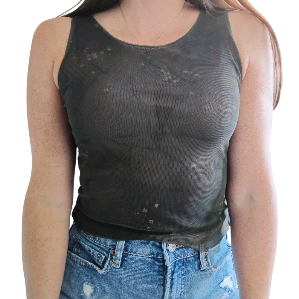 Sheer Mesh Tank Top Womens Small Green Asian Florals Goblin Forest Fairy Goth